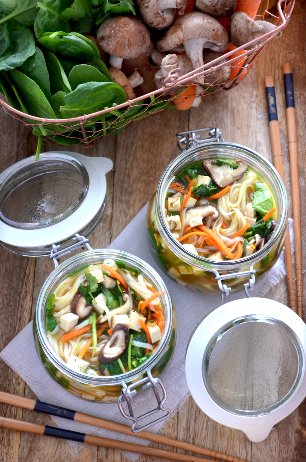A recipe for Instant Noodle Soup Pots. Take the dry ingredients with you, e.g. to work. When you want your noodle soup, just pour boiling water in the jar, let sit for 2-3 minutes and you will have delicious, fresh, hot noodle soup. Recipe by That Healthy Kitchen