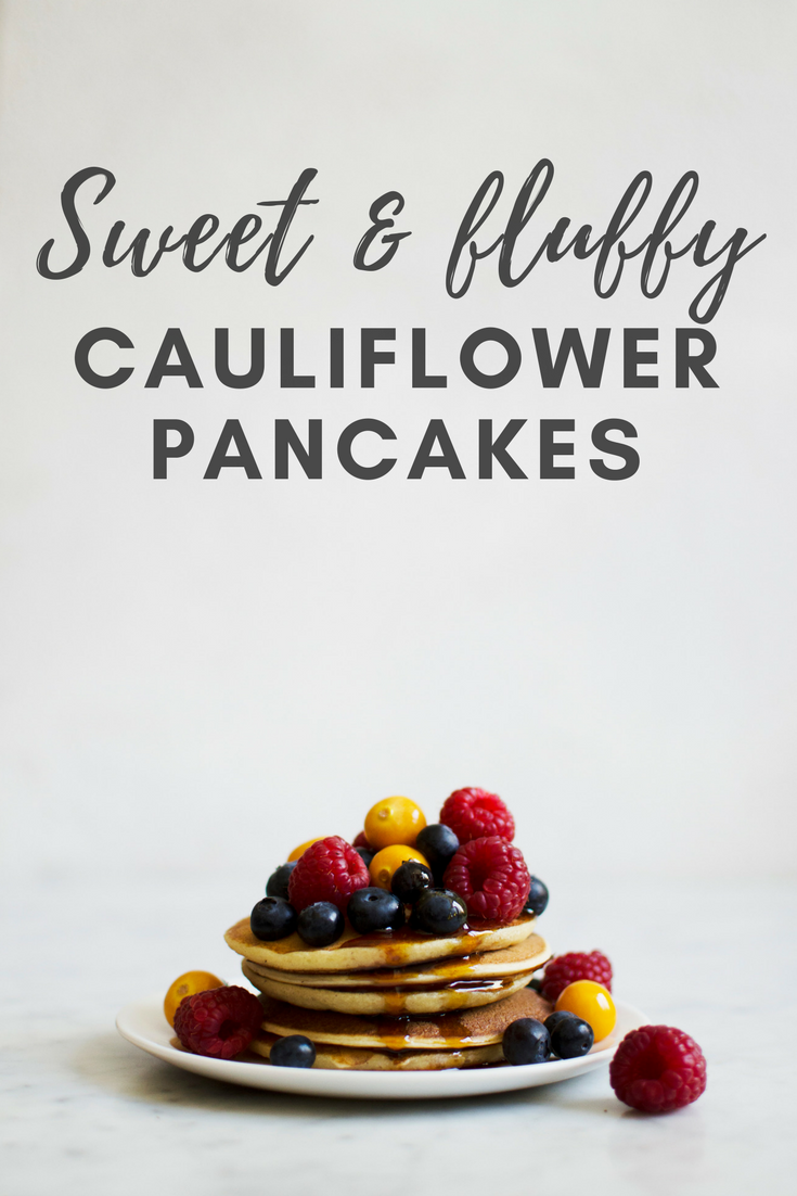 Recipe for sweet and fluffy cauliflower pancakes. These pancakes with a hidden vegetable are super delicious, and I promise you will not taste the cauliflower at all. A good way to get more vegetables into your diet without changing your diet too much! Recipe via That Healthy Kitchen