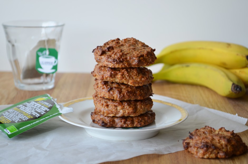 A photo of a stack of banana peanut butter cookies. Recipe by That Healthy Kitchen