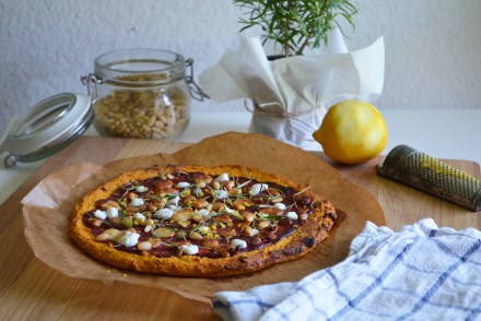 Sweet potato crust pizza with goat cheese, rosemary, and lemon. Photo and recipe by That Healthy Kitchen