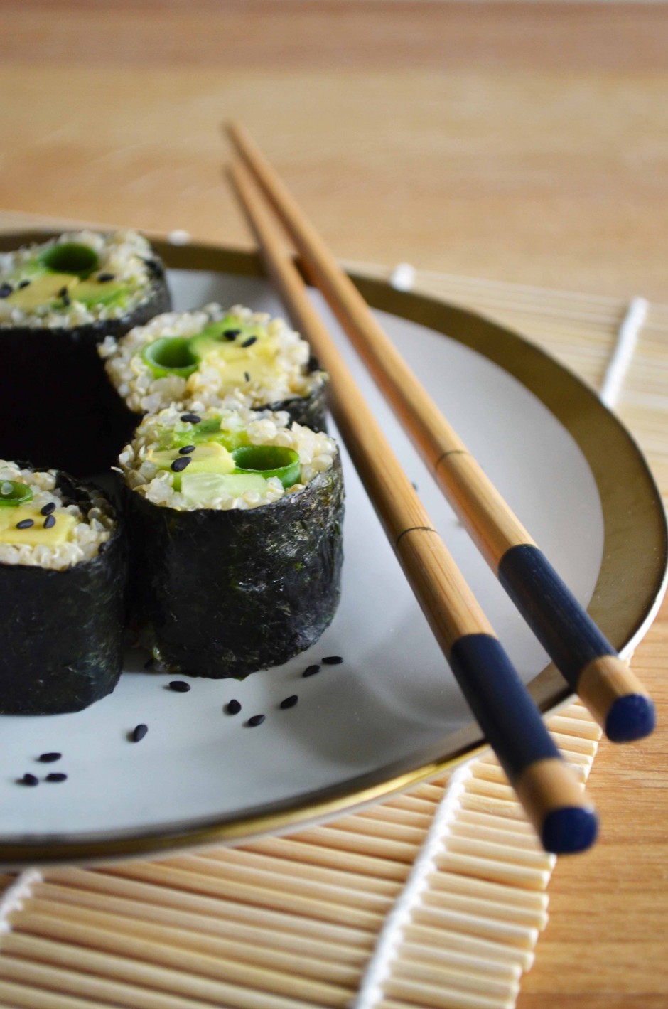 Healthy quinoa sushi rolls on a plate. Photo and recipe by That Healthy Kitchen