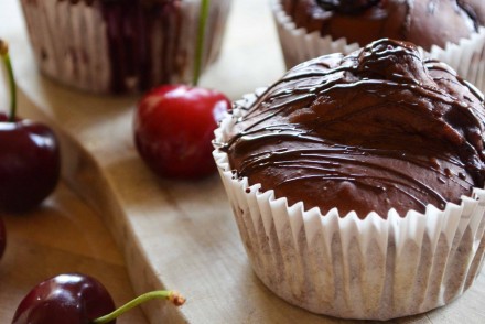 Chocolate and cherry (cherry garcia) muffins. Recipe and photo by That Healthy Kitchen
