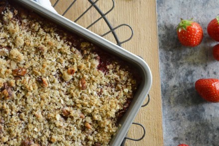 Strawberry and rhubarb crumble with walnuts. Recipe and photo by That Healthy Kitchen