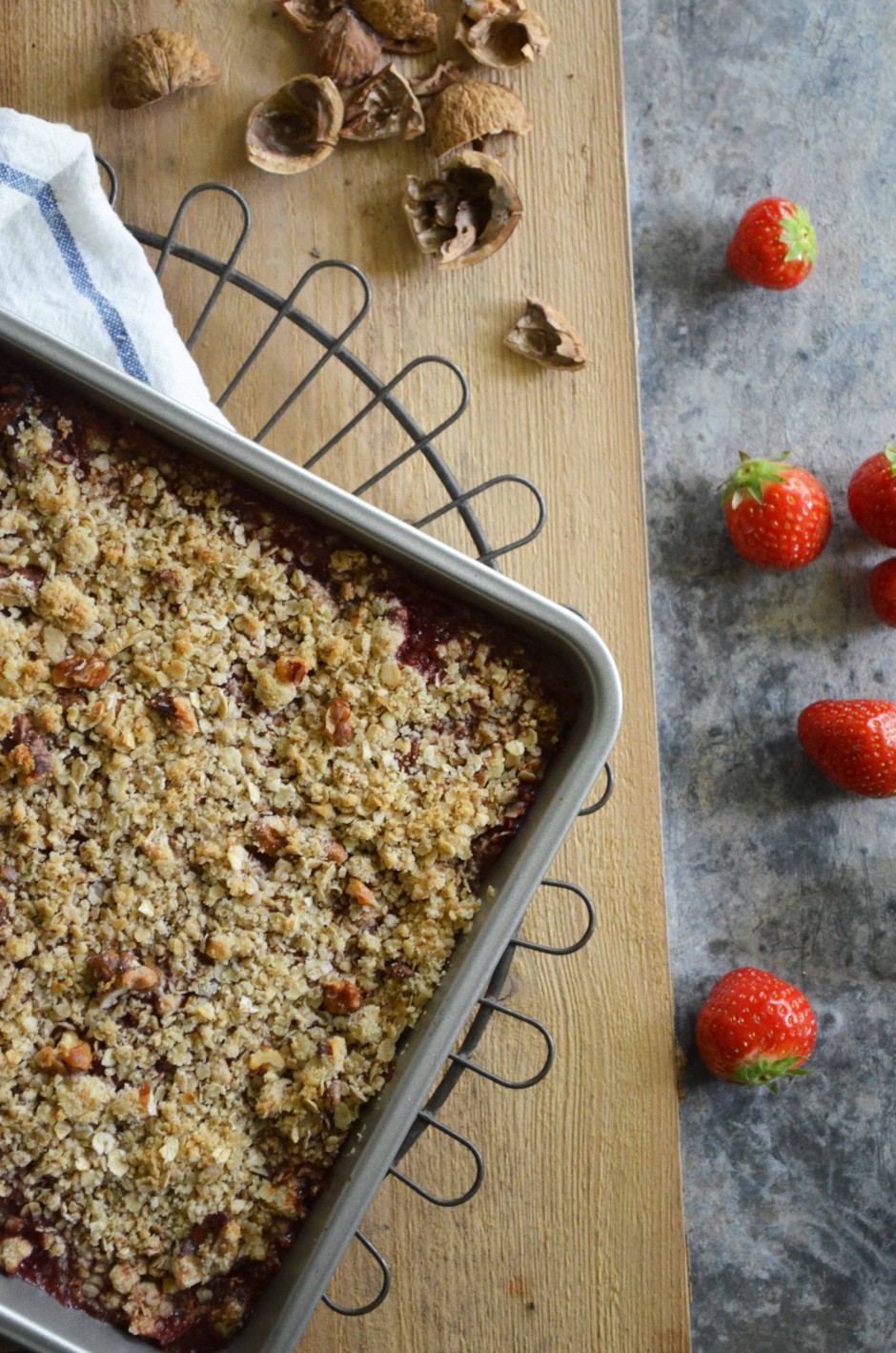 Strawberry and rhubarb crumble with walnuts. Recipe and photo by That Healthy Kitchen