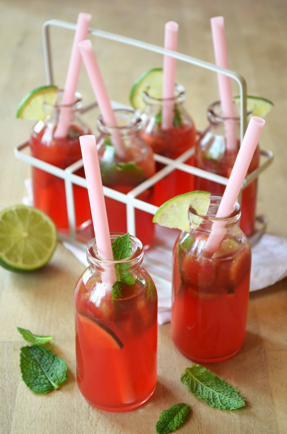 Strawberry Rhubarb Lemonade with Lime, Mint, Vanilla and Ginger. Recipe and photo by That Healthy Kitchen