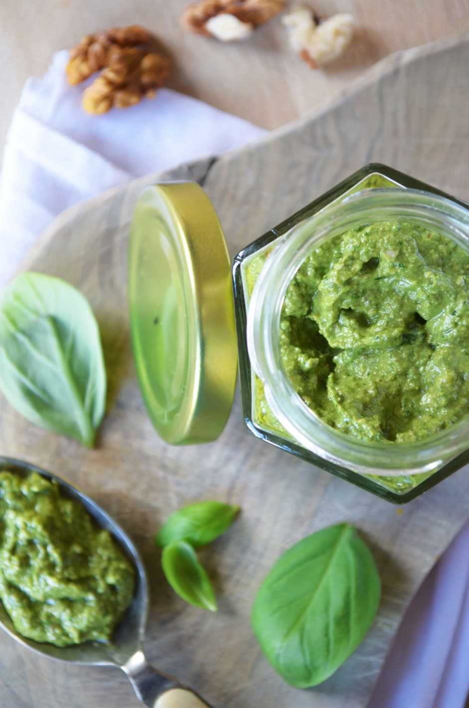 Creamy walnut and basil pesto. Recipe and photo by That Healthy Kitchen