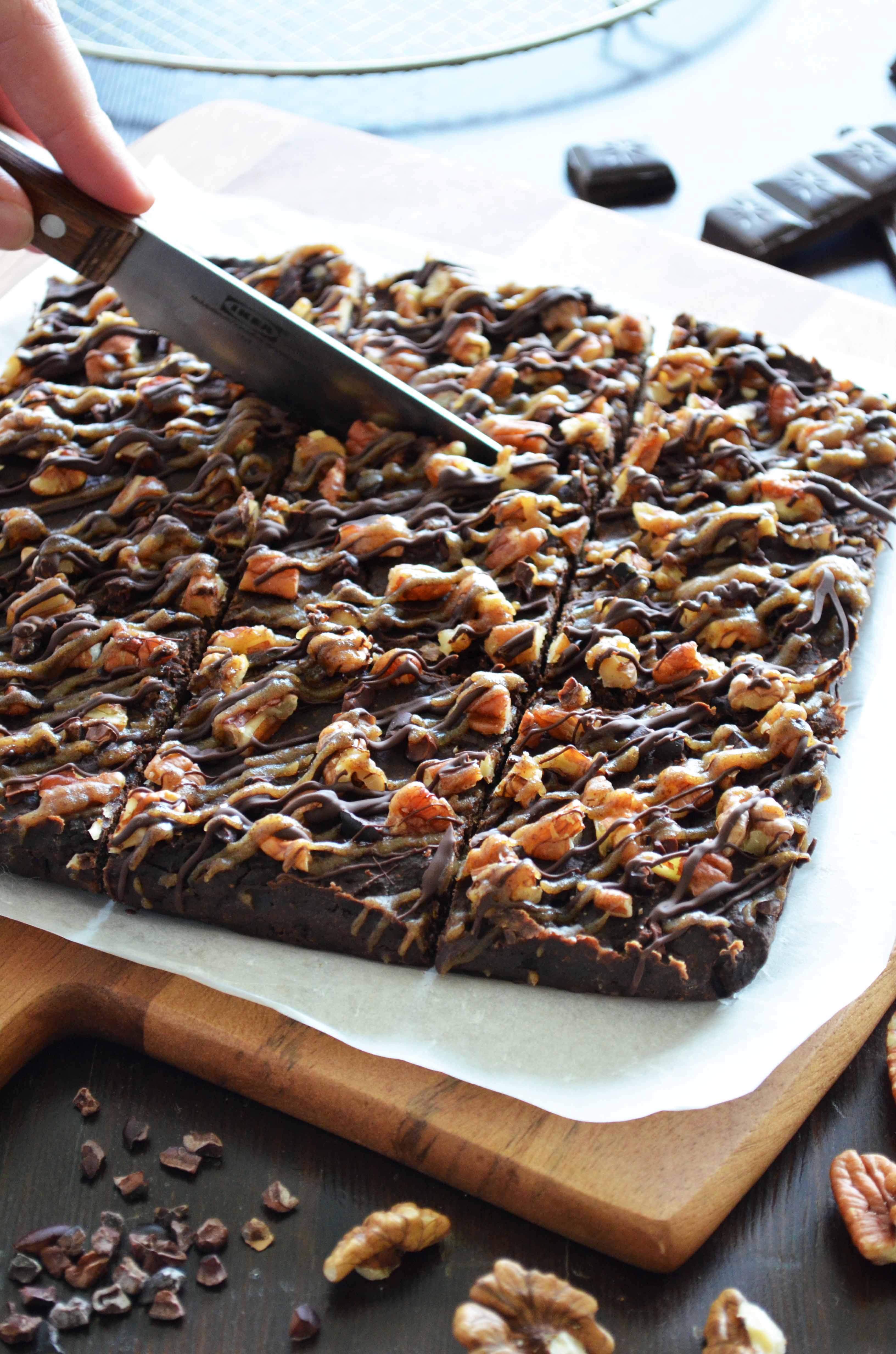 Pumpkin Brownies with Nuts and a Chocolate and Date Caramel Drizzle
