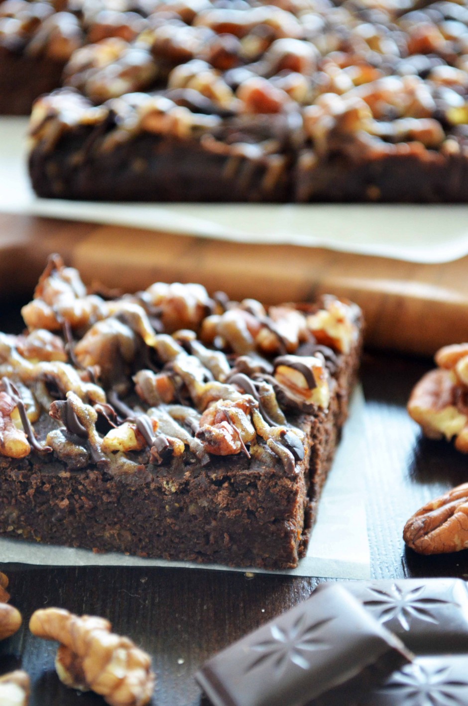 Recipe for pumpkin brownies with nuts and a chocolate and date caramel drizzle. Via That Healthy Kitchen