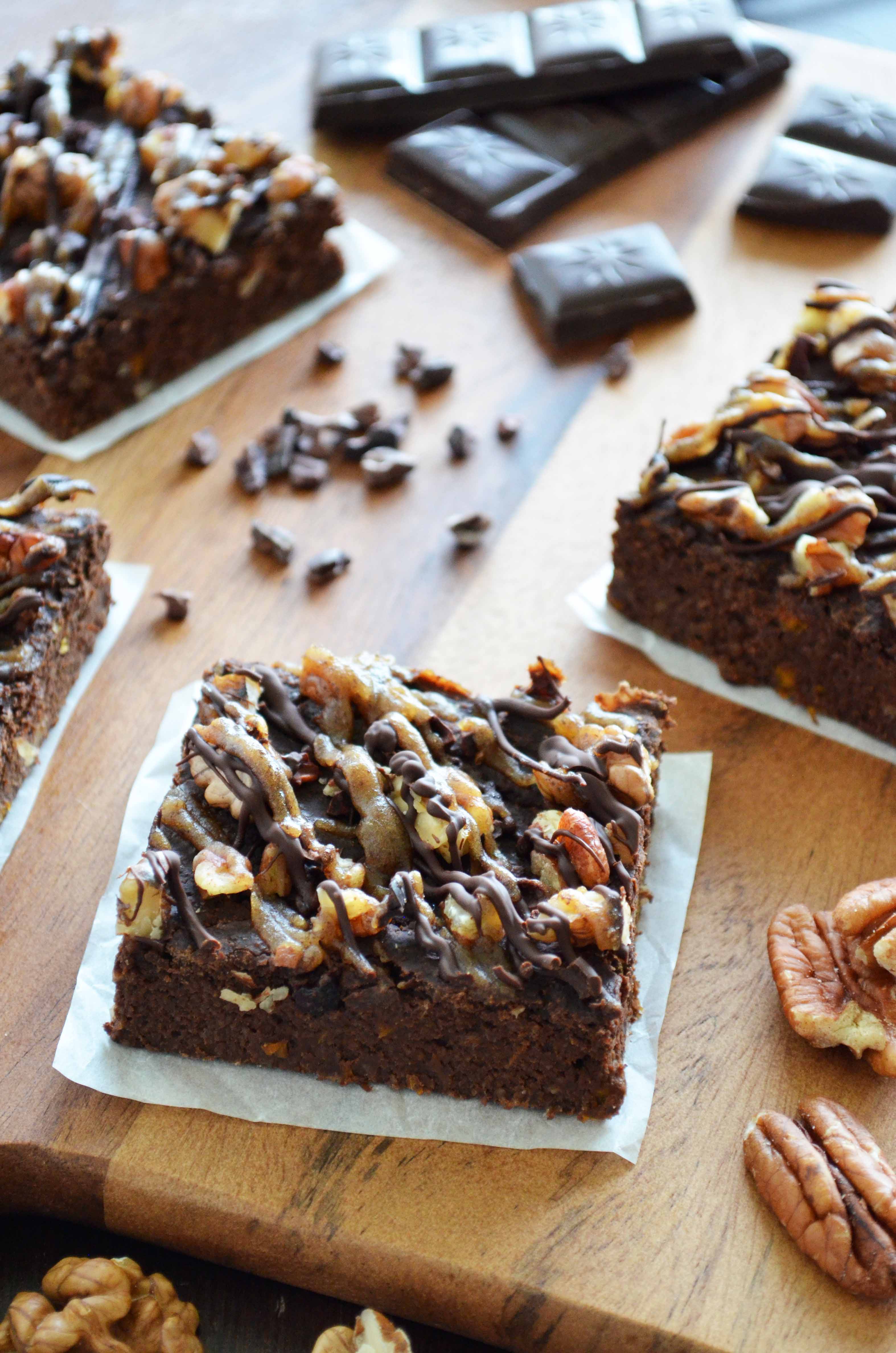 Pumpkin Brownies with Nuts and a Chocolate and Date Caramel Drizzle
