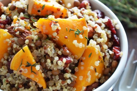 Recipe for Winter Quinoa Salad with thyme roasted butternut squash, almonds, quinoa, lentils, cranberries and a tangy orange vinaigrette. It is basically heaven in a bowl! {vegan, gluten free, paleo}