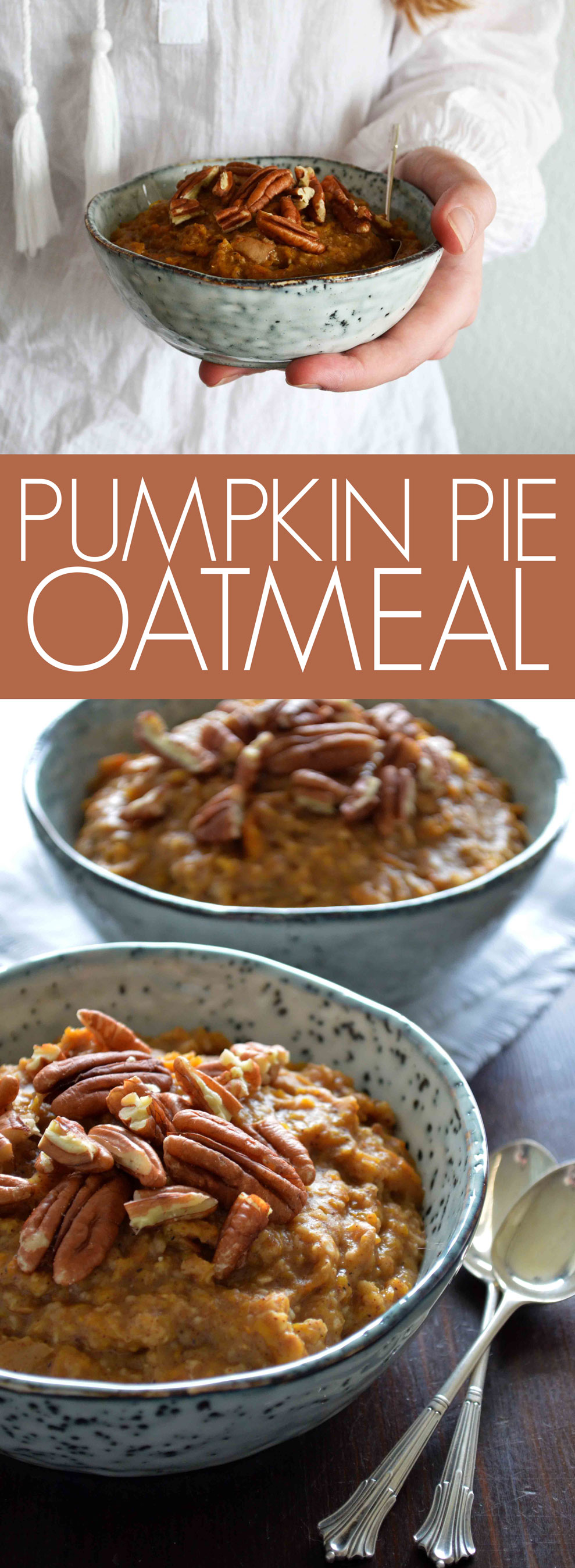 A recipe for Pumpkin Pie Oatmeal. A delicious breakfast with hints of vanilla, ginger, cinnamon and nutmeg. Who said you couldn't have pie for breakfast?! | by That Healthy Kitchen