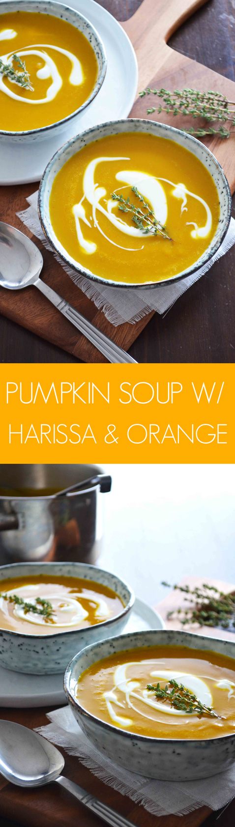 A recipe for Pumpkin Soup with Harissa and Orange. This soup is great to enjoy as lunch or as a light post-holiday dinner. The spicy Harissa paste and the orange juice and zest give the soup a North-African/Middle Eastern vibe. Recipe by That Healthy Kitchen