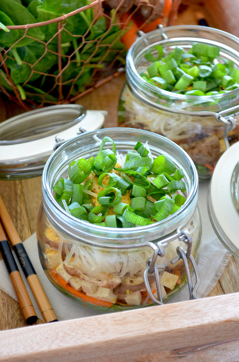 A recipe for Instant Noodle Soup Pots. Take the dry ingredients with you, e.g. to work. When you want your noodle soup, just pour boiling water in the jar, let sit for 2-3 minutes and you will have delicious, fresh, hot noodle soup. Recipe by That Healthy Kitchen