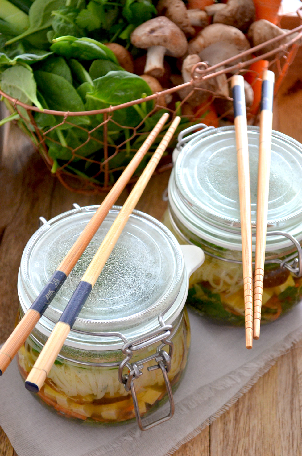 A recipe for Instant Noodle Soup Pots. Take the dry ingredients with you, e.g. to work. When you want your noodle soup, just pour boiling water in the jar, let sit for 2-3 minutes and you will have delicious, fresh, hot noodle soup. Recipe by That Healthy Kitchen