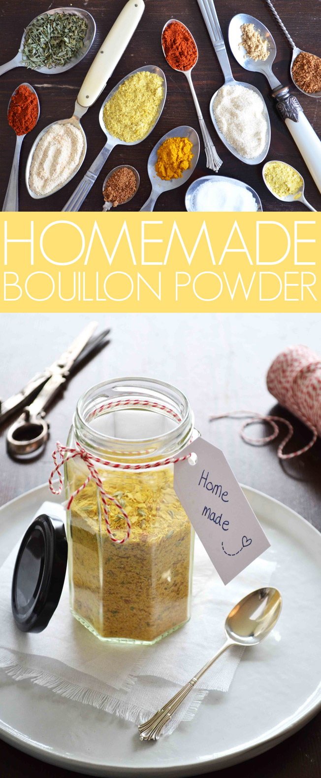 A recipe for homemade bouillon powder. Done within 5 minutes and without all the nasty additives that you'll normally find in bouillon powders or stock cubes. Recipe by That Healthy Kitchen