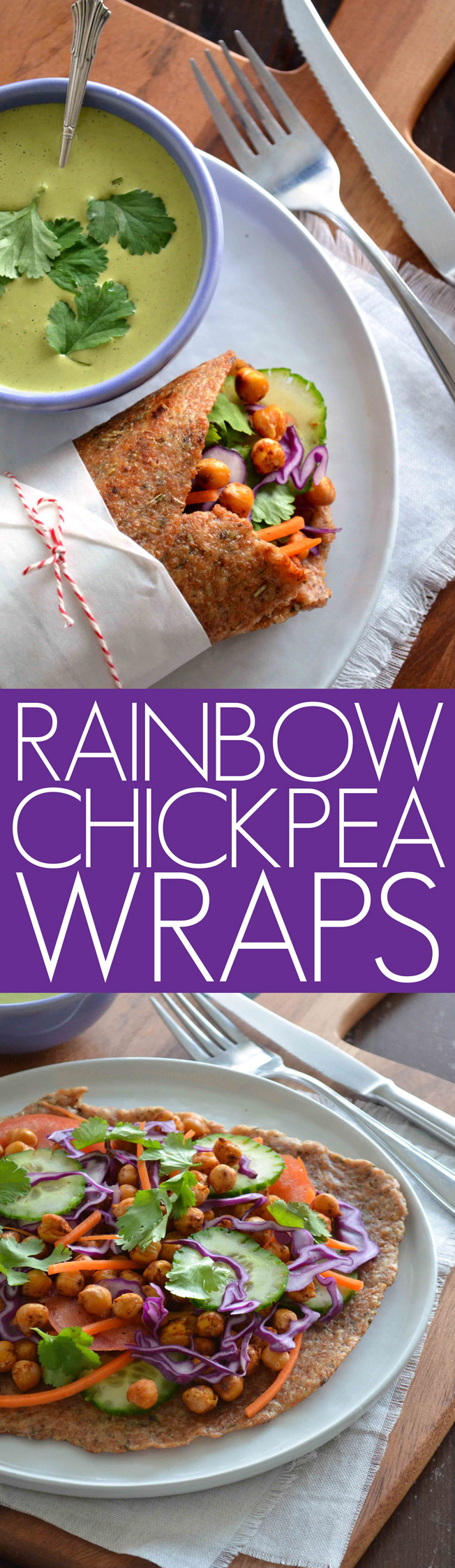 These delicious rainbow chickpea wraps are filled with colorful veggies and delicious roasted chickpeas. 