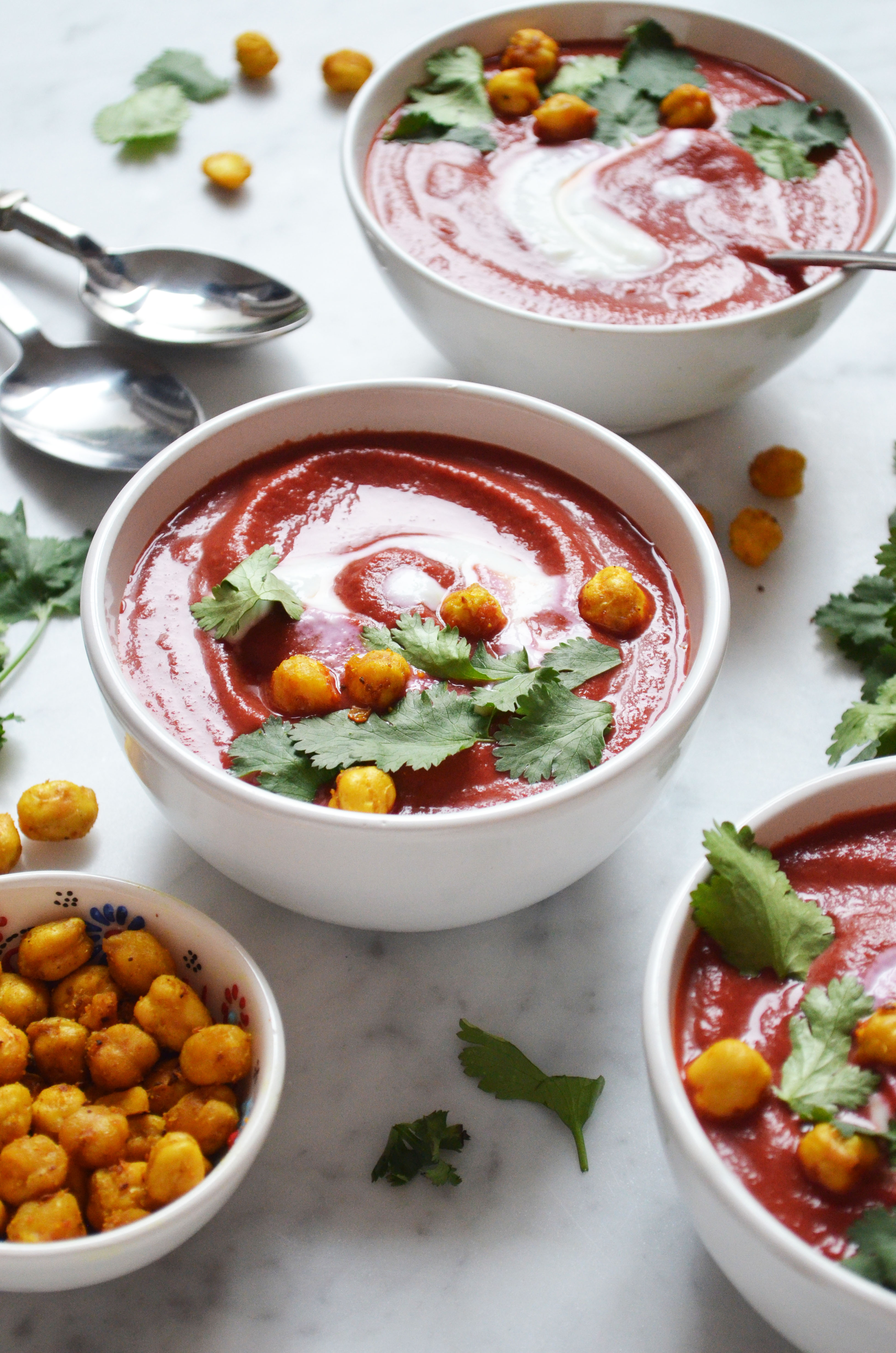 Recipe for curried beet soup with madras roasted chickpeas