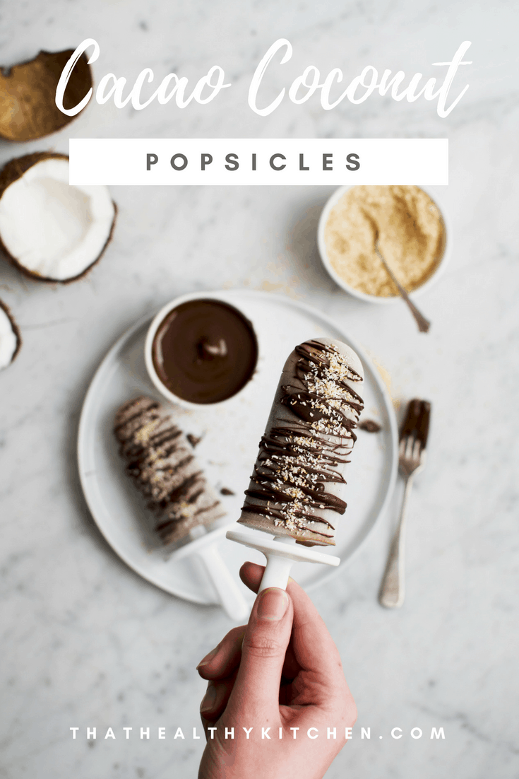 3-ingredient cacao coconut fudgy popsicles (aka fudgesicles) that are vegan, gluten-free, low sugar and above all, super delicious. Recipe via That Healthy Kitchen